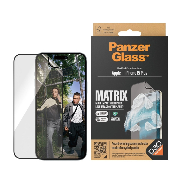 PanzerGlass ECO MATRIX skjermbeskytter med D3O® iPhone 15 Plus - Ultra-Wide Fit m. AlignerKit i gruppen SMARTTELEFON & NETTBRETT / Mobilbeskyttelse / Apple / iPhone 15 hos TP E-commerce Nordic AB (D00791)