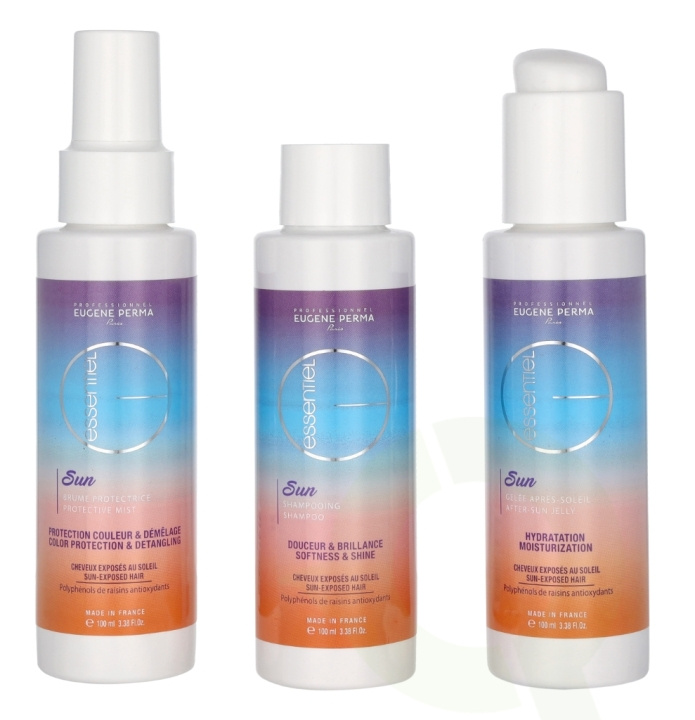 Eugene Perma Essentiel Sun Travel Set 300 ml 3x100ml - Protective Spray/After-Sun Shampoo/After-Sun Gel i gruppen HELSE OG SKJØNNHET / Hudpleie / Soling / Solkrem hos TP E-commerce Nordic AB (D03154)