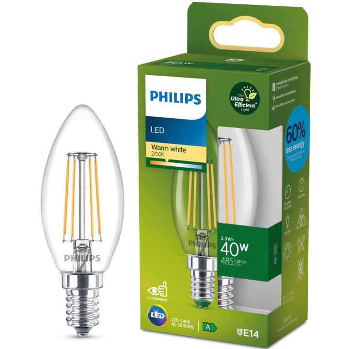 Philips LED E14 Crown B35 2,3W (40W) Klar 485lm 2700K Energiklasse A i gruppen Elektronikk / Lys / LED-lys hos TP E-commerce Nordic AB (D05499)