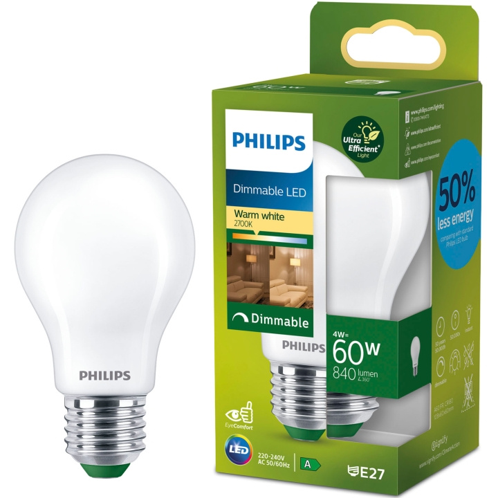 Philips LED E27 Normal A60 4W (60W) Frostad 840lm Dimbar 2700K Energiklass A i gruppen Elektronikk / Lys / LED-lys hos TP E-commerce Nordic AB (D05505)