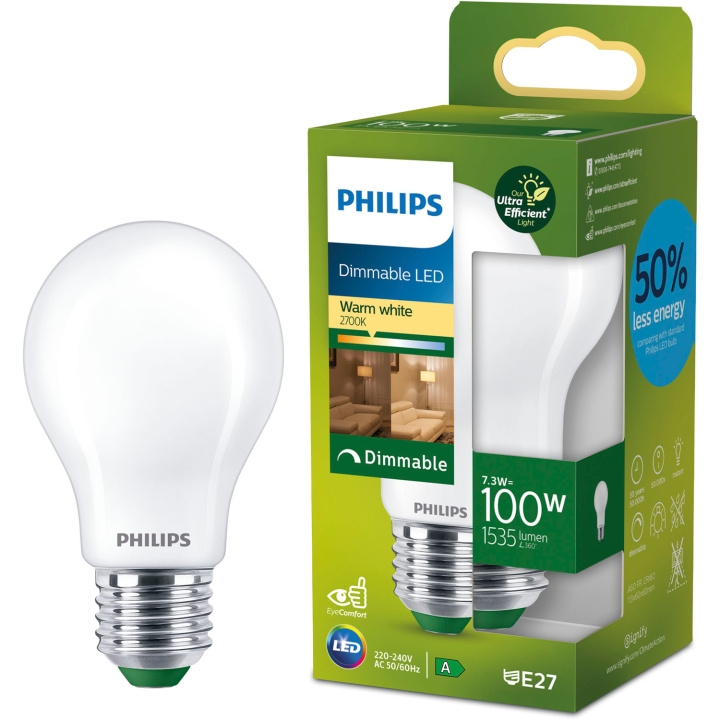 Philips LED E27 Normal A60 7,3W (100W) Frostet 1535lm Dimbar 2700K Energiklasse A i gruppen Elektronikk / Lys / LED-lys hos TP E-commerce Nordic AB (D05506)