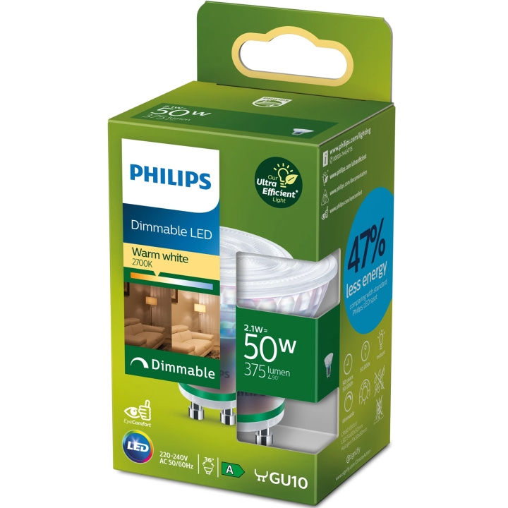 Philips LED GU10 2,1W (50W) 375lm dimbar 2700K Energiklasse A i gruppen Elektronikk / Lys / LED-lys hos TP E-commerce Nordic AB (D05507)