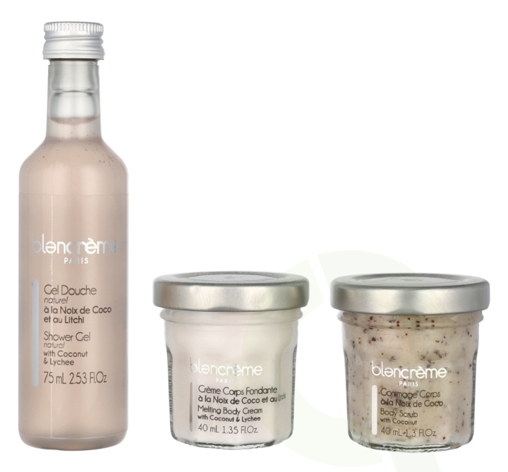 Blancreme Body Essentials Trio Set 155 ml Shower Gel 75ml/Body Scrub 40ml/Body Cream 40ml - Coconut & Lychee i gruppen HELSE OG SKJØNNHET / Hudpleie / Kroppspleie / Bad- og dusjkrem hos TP E-commerce Nordic AB (D07965)