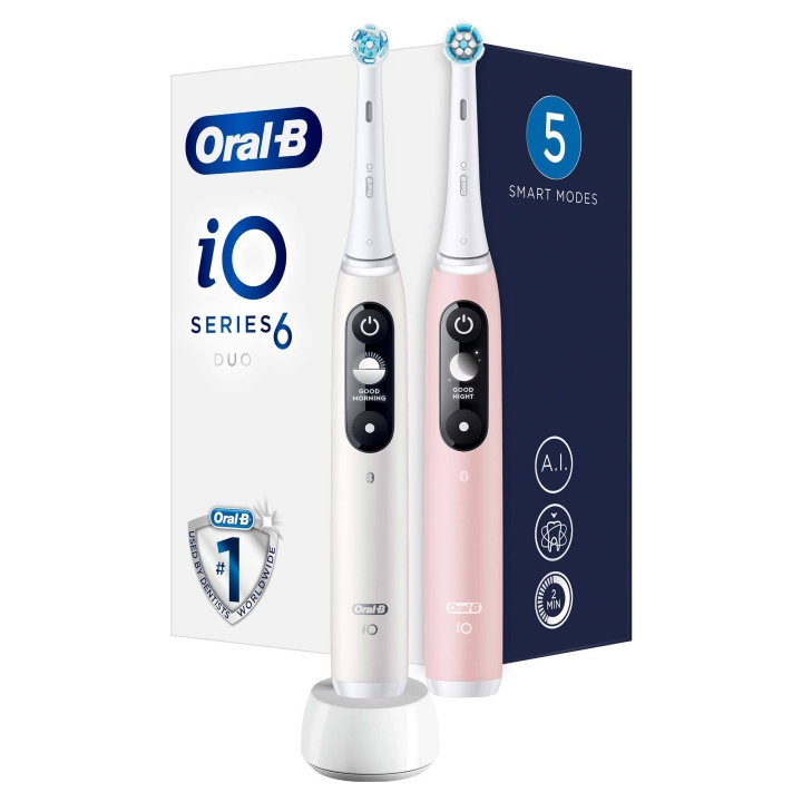 Oral B iO Series 6 Duo Electric Toothbrush, White & Light Pink i gruppen HELSE OG SKJØNNHET / Munnpleie / Elektriske tannbørster hos TP E-commerce Nordic AB (D10509)