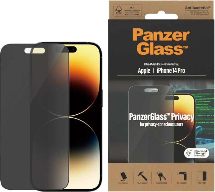 PanzerGlass Ultra Wide Fit Privacy-skjermbeskytter, iPhone 14 Pro, svart ramme i gruppen SMARTTELEFON & NETTBRETT / Mobilbeskyttelse / Apple / iPhone 14 hos TP E-commerce Nordic AB (D13459)