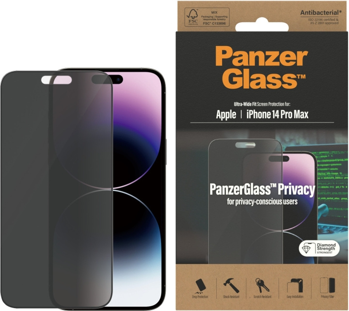 PanzerGlass Ultra Wide Fit Privacy-skjermbeskytter, iPhone 14 Pro Max, svart ramme i gruppen SMARTTELEFON & NETTBRETT / Mobilbeskyttelse / Apple / iPhone 14 hos TP E-commerce Nordic AB (D13461)