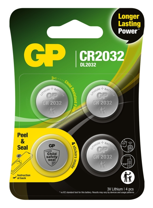 GP Litiumcellebatteri CR2032, 3V, sikkerhetsforsegling, 4-pk i gruppen Elektronikk / Batterier & Ladere / Batterier / knappcelle hos TP E-commerce Nordic AB (D13747)