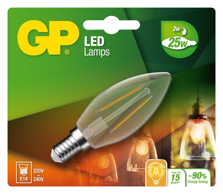 GP LED-lampe Filament Mini Candle, E14, 2W (25W), 250lm i gruppen Elektronikk / Lys / LED-lys hos TP E-commerce Nordic AB (D14212)