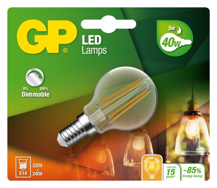 GP LED-lampe Filament Mini Globe, E14, DIM, 5W (40W), 470lm i gruppen Elektronikk / Lys / LED-lys hos TP E-commerce Nordic AB (D14215)