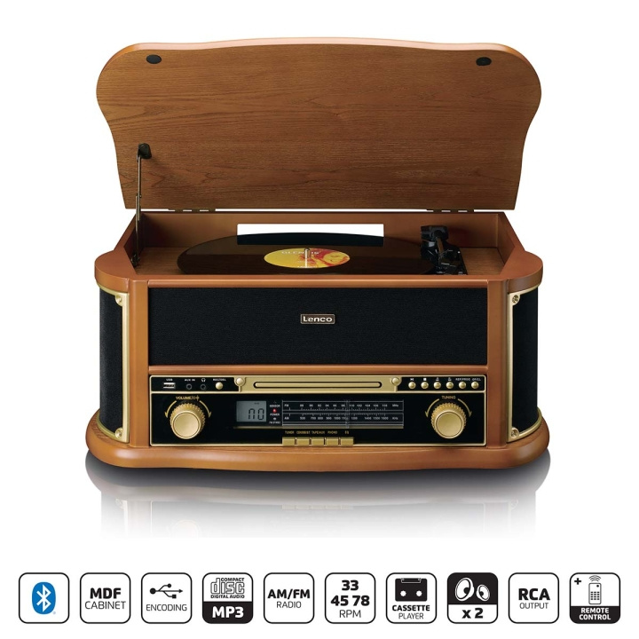 Lenco Retro skivspelare i trä med Bluetooth® AM/FM-radio USB-kodning CD-spelare kassettspelare och inbyggda högtalare i gruppen Elektronikk / Lyd & Bilde / Hjemmekino, HiFi og bærbar / Kompakt Stereo & Platespillere hos TP E-commerce Nordic AB (D14627)