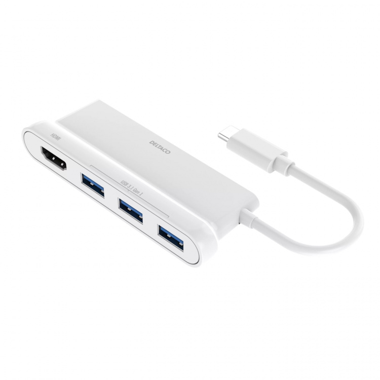 DELTACO USB-C-hub, 1x HDMI 4K ved 30 Hz, 3x USB-A 3.1, hvit DELTACO USB-C-hub, 1x HDMI 4K ved 30 Hz, 3x USB-A 3.1, hvit