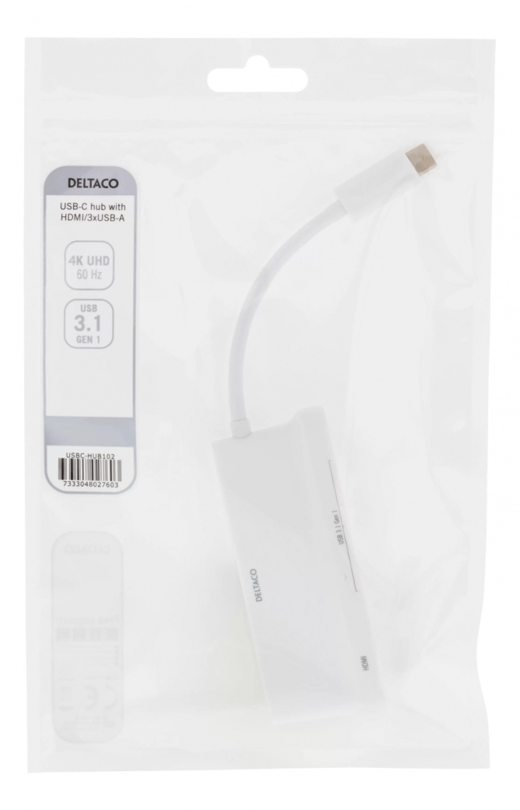 DELTACO USB-C-hub, 1x HDMI 4K ved 30 Hz, 3x USB-A 3.1, hvit DELTACO USB-C-hub, 1x HDMI 4K ved 30 Hz, 3x USB-A 3.1, hvit